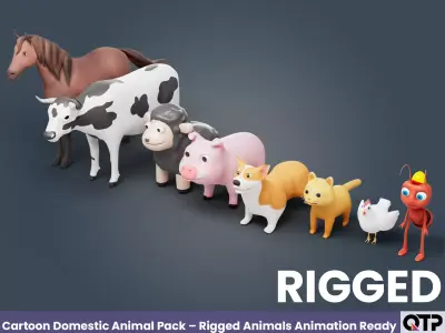 Cartoon Domestic Animal Pack Rigged 3D Models Animation Ready Low-poly 3D model