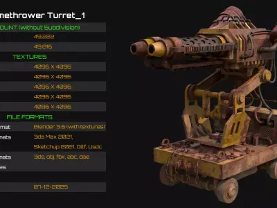Flamethrower Turret-1-Rusty-Yellow 3D model