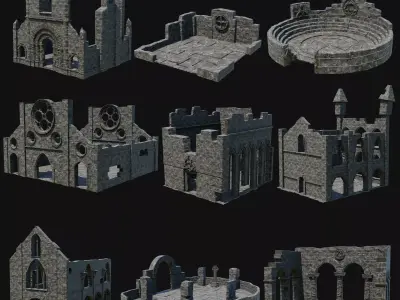 CELTIC RUIN MEDIEVAL GOTHIC CASTLE CATHEDRAL RUINS COLLECTION Low-poly 3D model
