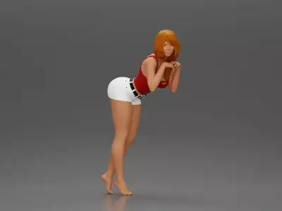 Confident Girl in Red Top and White Shorts Posing Playfully 3D print model