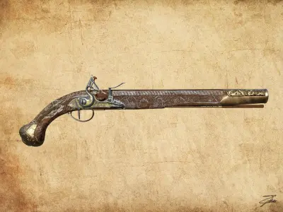 Flintlock pistol Low-poly 3D model 7