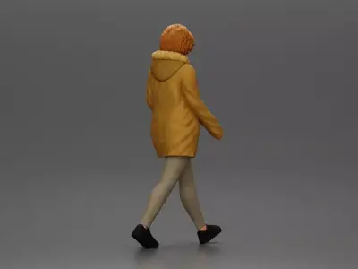 Woman walks sipping takeout drink wearing parka sweater leggings 3D print model