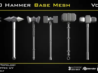 50 Hammer BASE MESH - VOL 02 Game Ready Low-poly 3D model