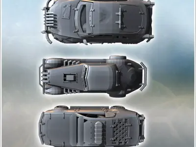 Set of three post-apocalyptic cars with bumper and improvised ar 3D print model