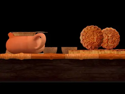 Chinese moon cake with tea set 3D model