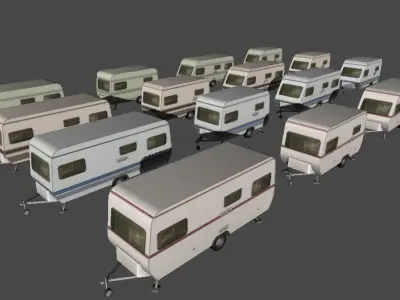 Caravan collection camper trailers in row Low-poly 3D model