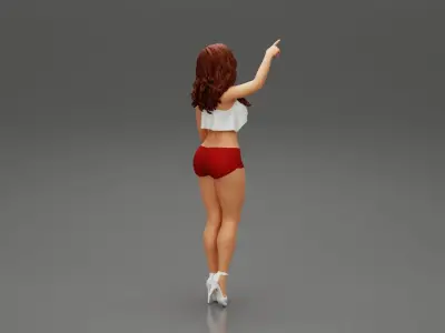 woman standing in mini short and heels with her hand indicating 3D print model
