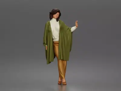 Woman wearing cape turtleneck sweater tailored trousers heels 3D print model