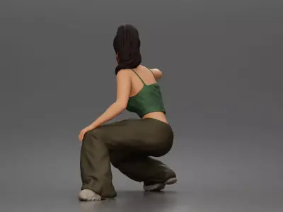 Masked woman crouches aiming pistol wearing crop pants sneakers 3D print model