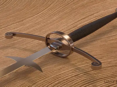 Zweihander set sword on wooden table 3D model