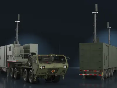 US Army Typhon Battery Operation Center with Antennas Up and Truck M983  purchase 3D model