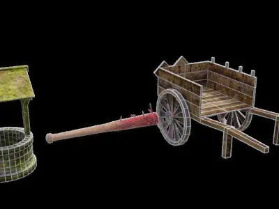 low poly assets wooden cart and watering can Free low-poly 3D model