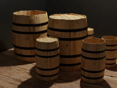 Multiple Wooden Barrels Low-poly 3D model