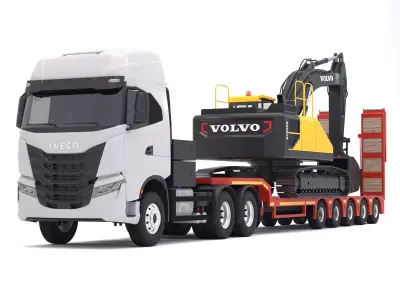 Iveco S-WAY Tractor and Lowboy Trailer with Excavator Volvo 3D model
