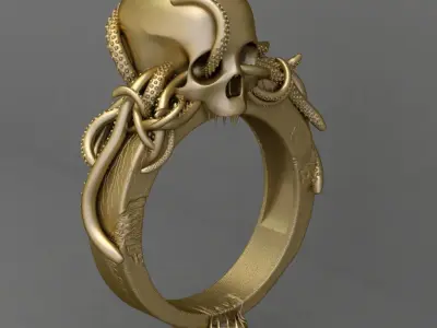 Antique Skull Octopus Tentacles Silver  Gents Signet Ring 3D print model