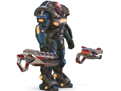 Male Cyborg Man Soldier with Rifle and Pistol Low-poly 3D model