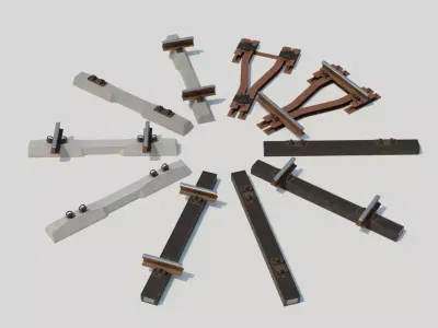 Railway track with wooden concrete metal sleepers Low-poly 3D model