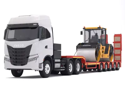 Iveco S-WAY Tractor and Lowboy Trailer Volvo DD105 Compactor 3D model