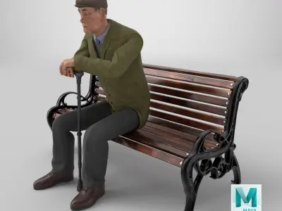 Old Man Sitting on Bench 3D model
