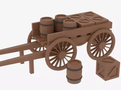 Lowpoly Wooden Cart with Barrel and Crate Low-poly 3D model