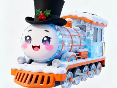 Snowman Ice Train Engine 3D Model  Frozen Holiday Locomotive Low-poly 3D model
