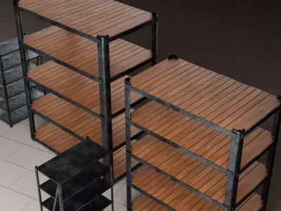 Industrial Metal Wood Shelving Set Low-poly 3D model