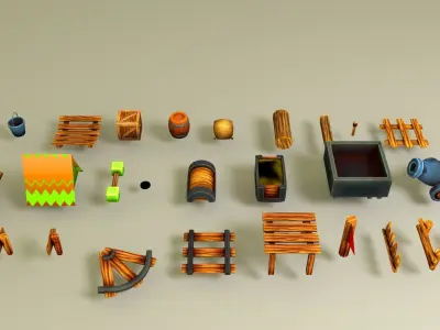 Detail wooden items Low-poly 3D model