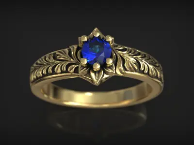 Floral Engagement Ring with Botanical Engraving and Diamond 3D print model