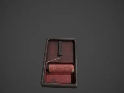 Paint Roller and Tray - Red Paint Low-poly 3D model