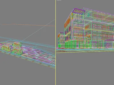 Architecture three buildings in middle of city 3D model