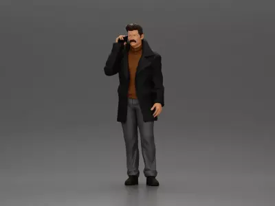 Turkish man in coat with sweater standing talking on mobilephone 3D print model