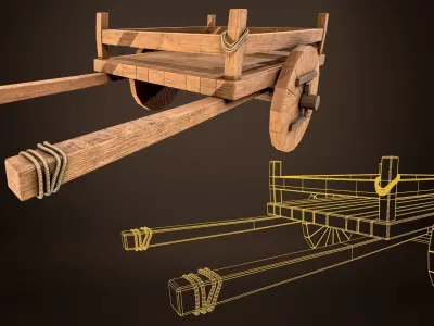 Wooden cart and game assets with PBR texturing Low-poly 3D model