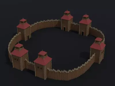 Lowpoly Cartoon wooden fortification Polygonal Style Free 3D model