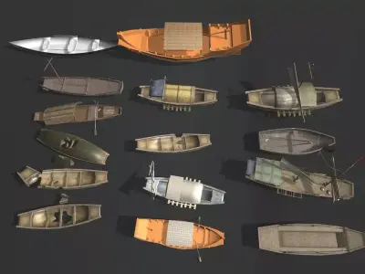 A group of small wooden boats 10 Low-poly 3D model
