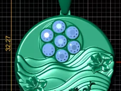 Floral Sun and Waves Medallion Pendant with Diamond Cluster 3D print model