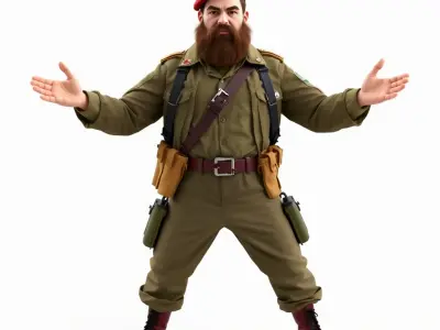 Bearded Soldier Character Model with Red Beret and Military Gear Low-poly 3D model