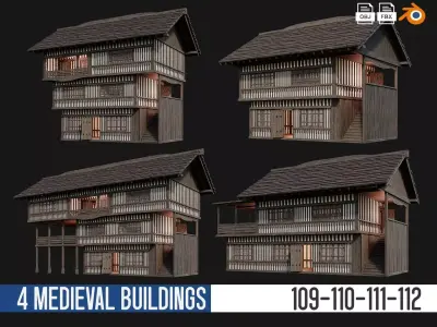 4 Old Medieval Building Pack 4K Textures GameReady 109 to 112 Low-poly 3D model