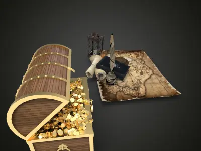 Treasure pirate chest on map Low-poly 3D model