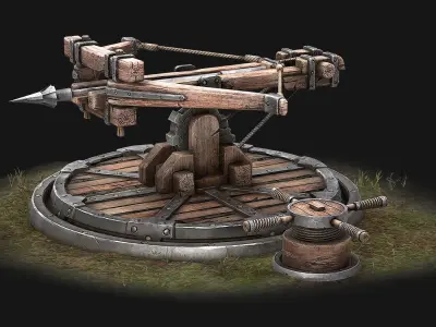 Ballista wooden structure with wheel Low-poly 3D model