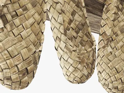 Aged Bast Shoes Hanging on Old Timber 3D model