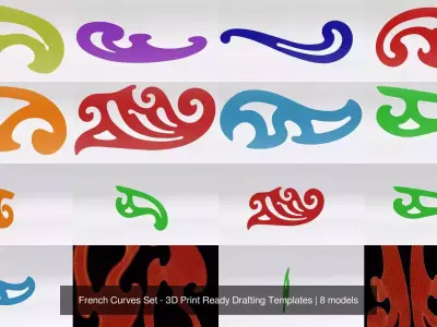 French Curves Set - 8-3D Print Ready Drafting Templates-PBR 3D Model Pack