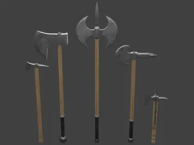 Set of Five Battle Axes Low-poly 3D model