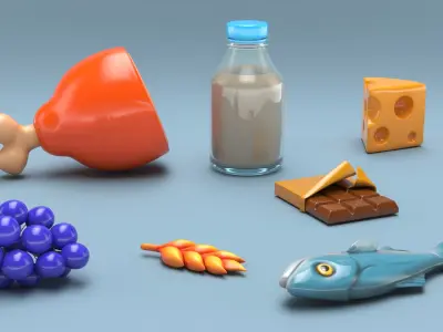 Cartoon Food Assortment with Meat Fish and Dairy 3D model