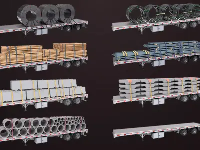 Flatbed Trailer 7 Loads Single Mat All PBR Unity UE Textures Low-poly 3D model