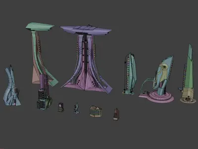 Low Poly Sci-Fi kitbash mini set Low-poly 3D model