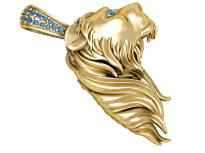 14K Gold Lion Head Pendant with Sapphire Accents 3D print model