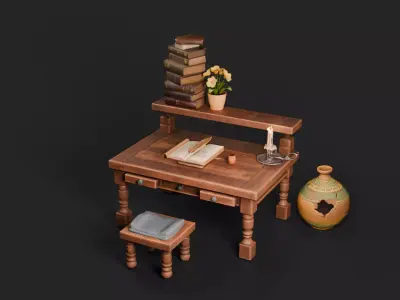 Stylized medieval antique office game ready Low-poly 3D model