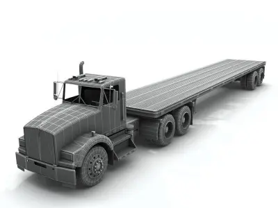 Semi Truck With Flatbed and Box Trailers Low-poly 3D model