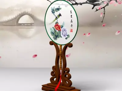 Chinese Traditional Palace Hand Fan With Stand - Flower and Bird Low-poly 3D model
