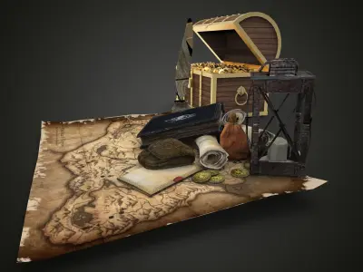 Treasure pirate chest on map Low-poly 3D model